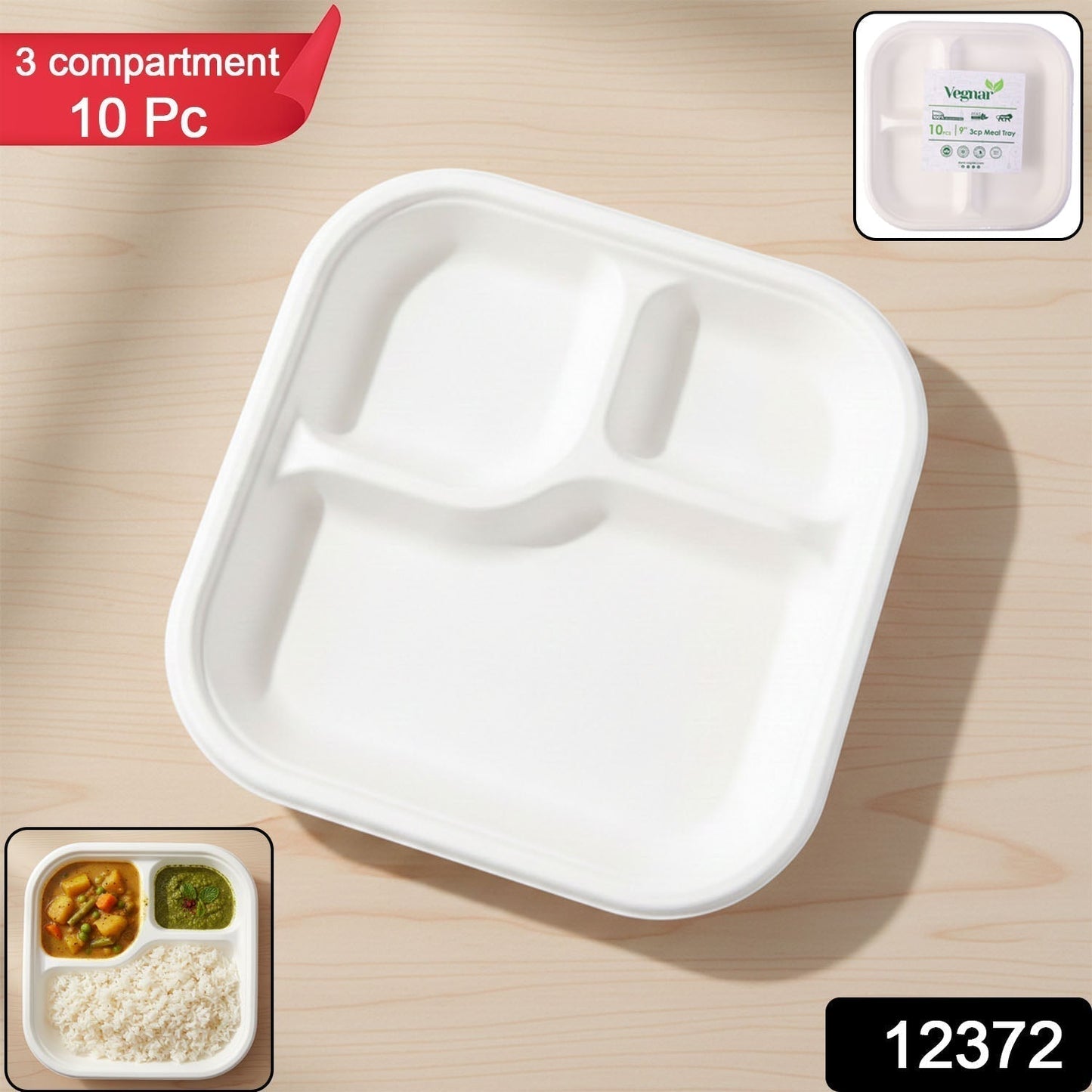 Vegnar Square 3 Compartment Disposable Meal Tray Set (10 Pc)