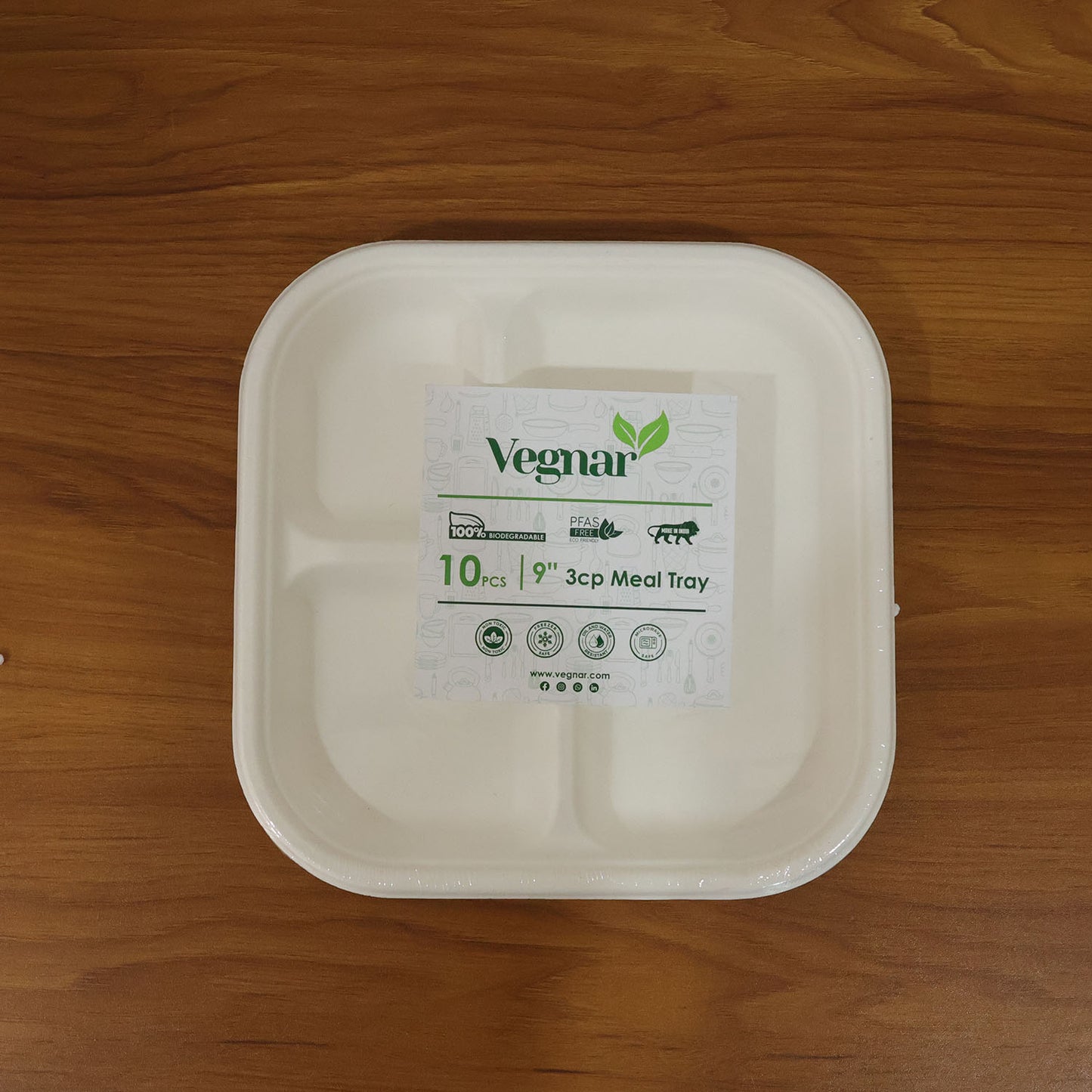 Vegnar Square 3 Compartment Disposable Meal Tray Set (10 Pc)