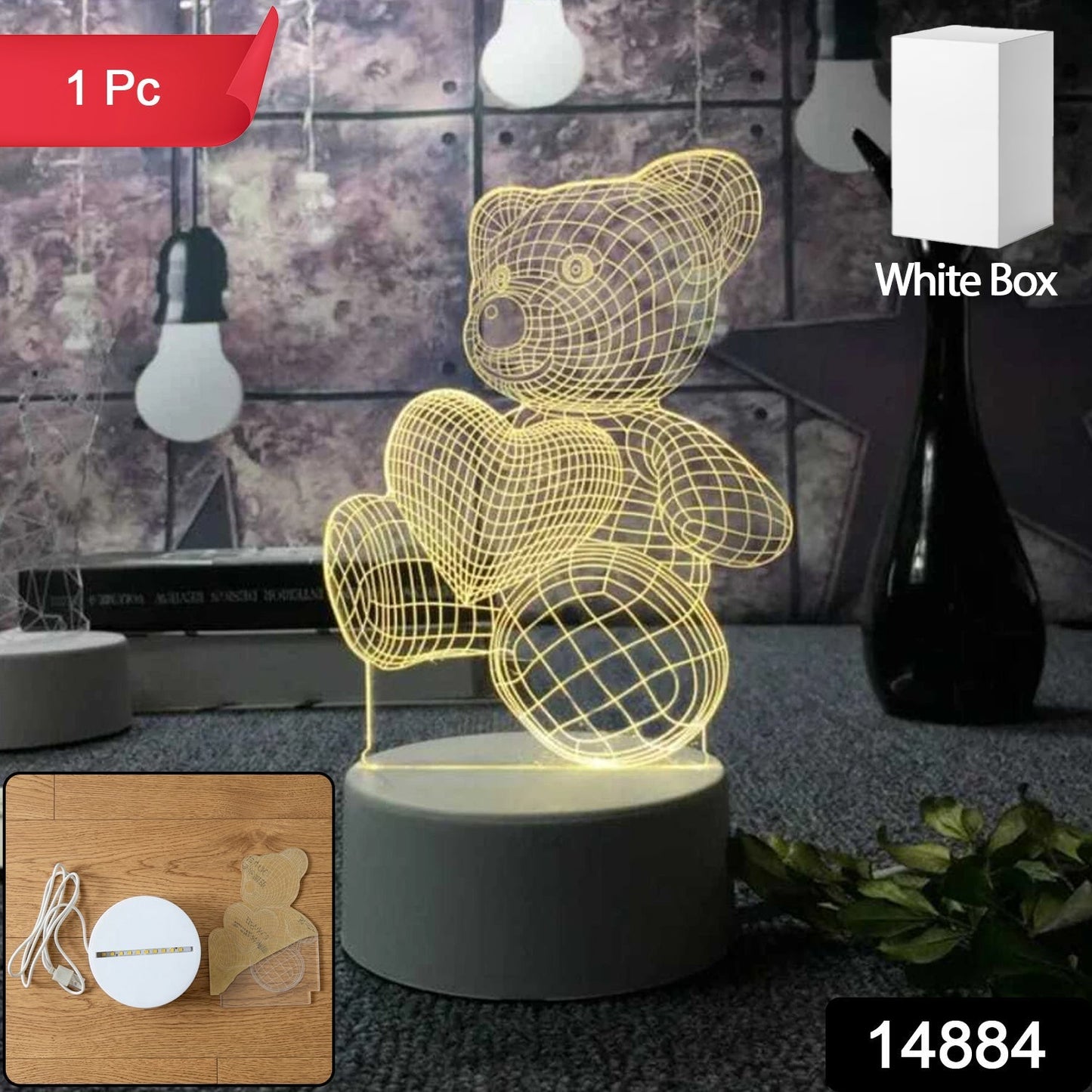 3D Teddy Bear LED Night Lamp with Heart Design (1 Pc)