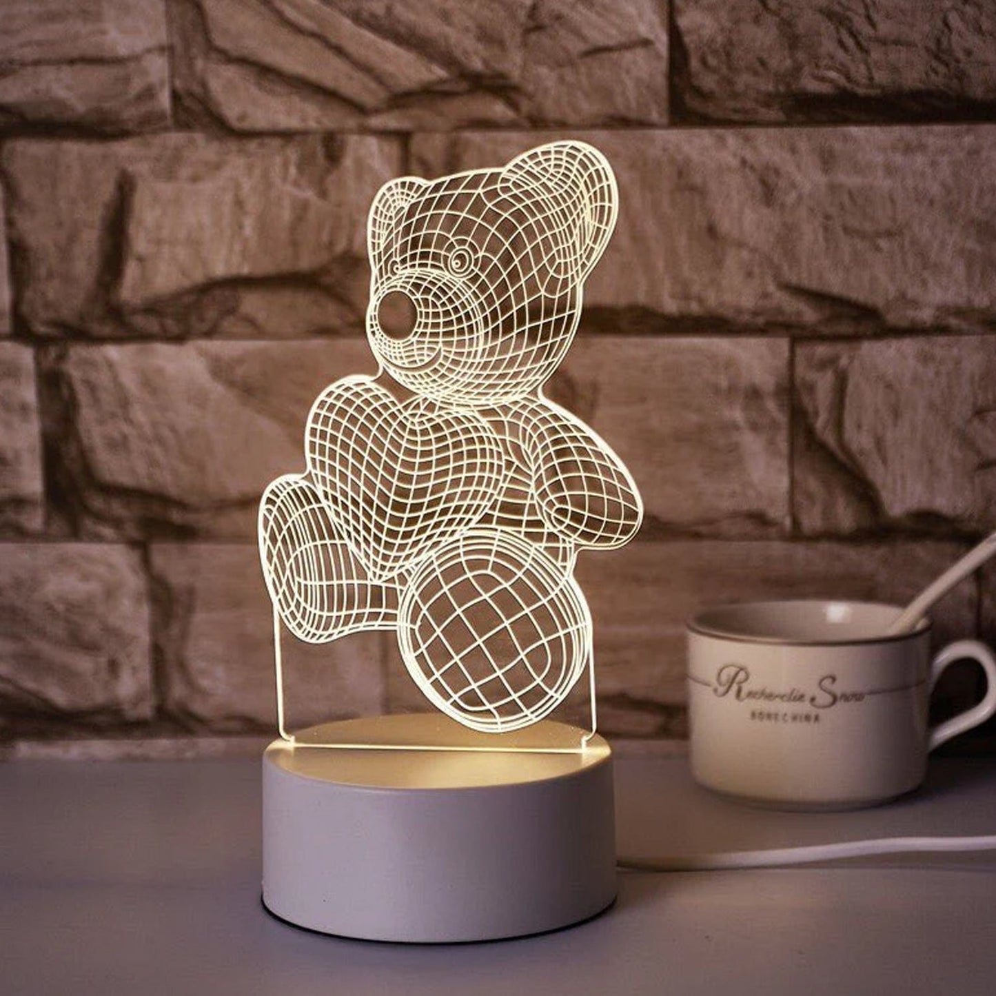 3D Teddy Bear LED Night Lamp with Heart Design (1 Pc)