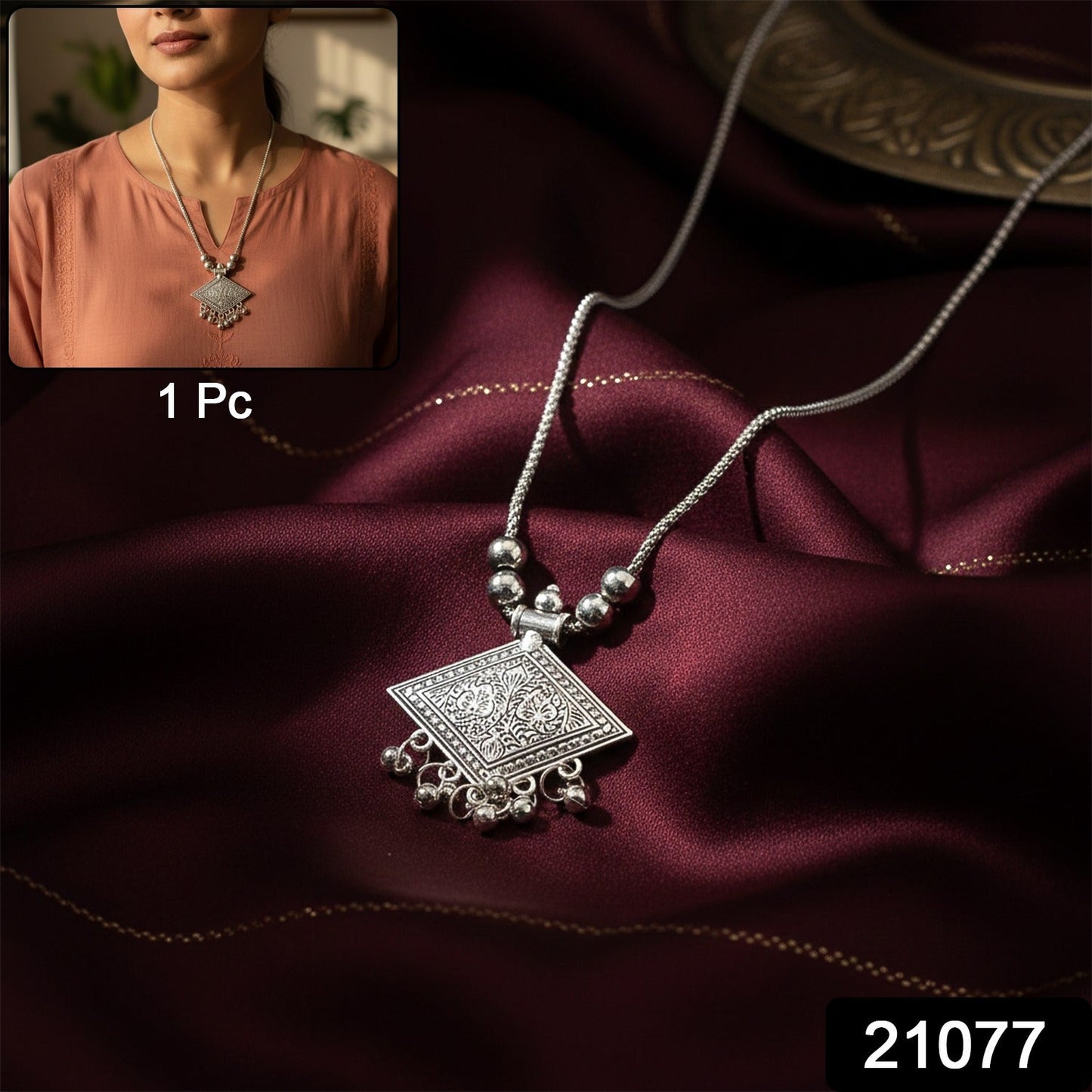 Antique Silver-Tone Square Floral Motif Oxidized Pendant Necklace (1 Pc)