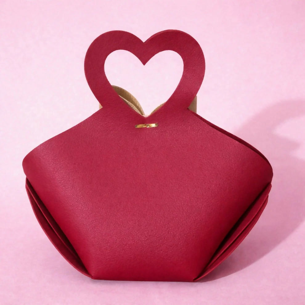 Maroon Mini Handbag with Heart Handle and Bow Compact Cute Purse