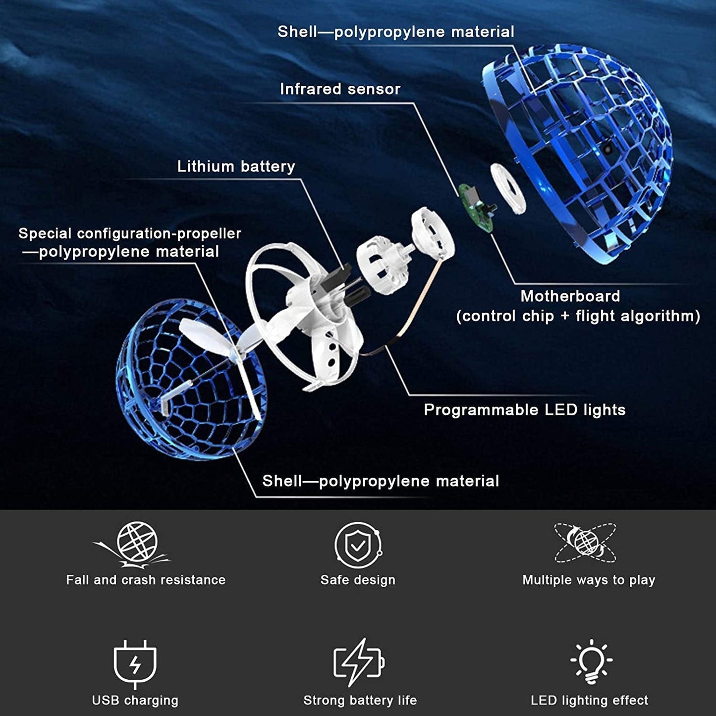 Flying Ball Toy - USB RGB Lights 360° Rotating Magic Ball | Natation