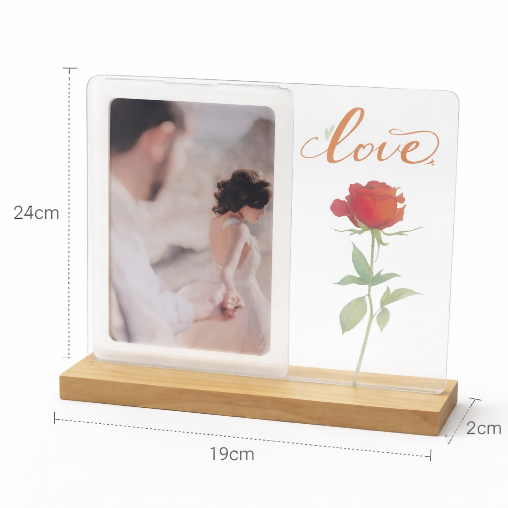 LED Acrylic Photo Frame with Rose Design & Wooden Base Decor