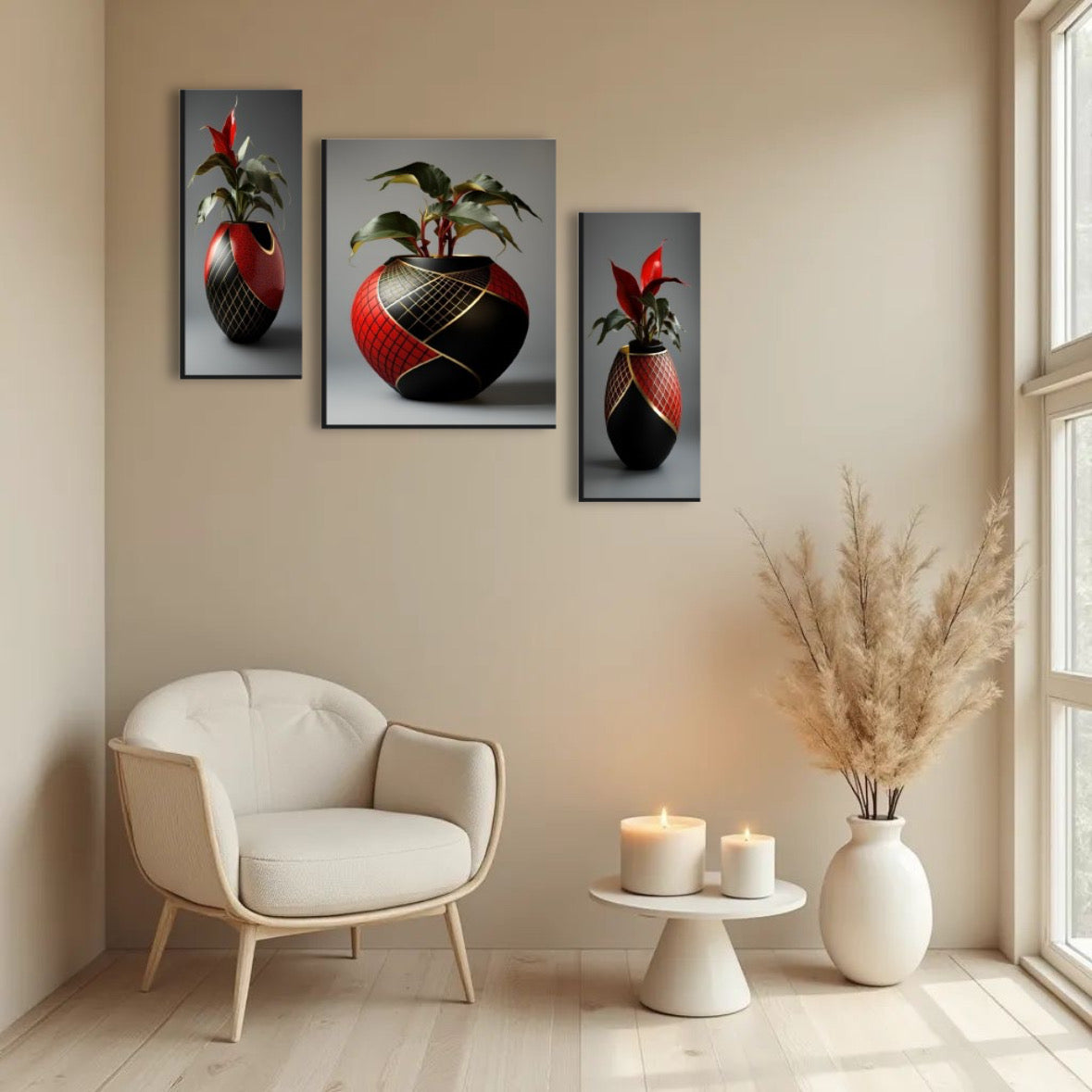 Flower Vase 3 Panel MDF Wall Frame Home Decor Floral Art 16.5x12in (1 Pc)
