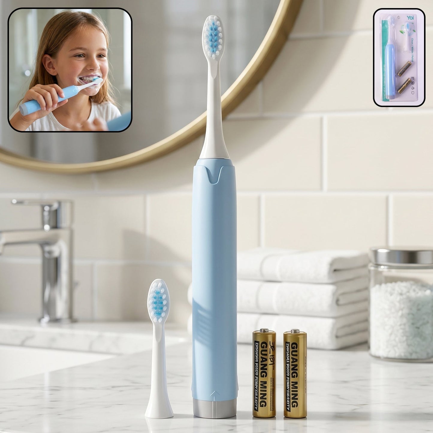 Electric Toothbrush with Extra Brush Head & 2 AA Batteries for Kids & Adults (1 Pc)