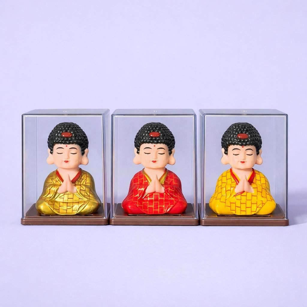 Solar Powered Buddha Bobble Head in Clear Display Case (Color may vary)