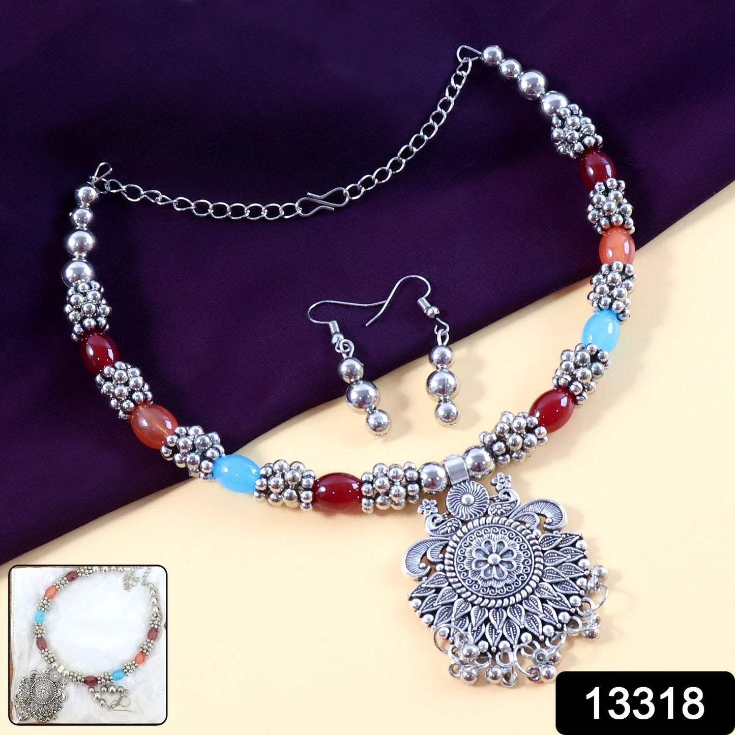 Oxidised Silver Traditional Beaded Necklace Set
