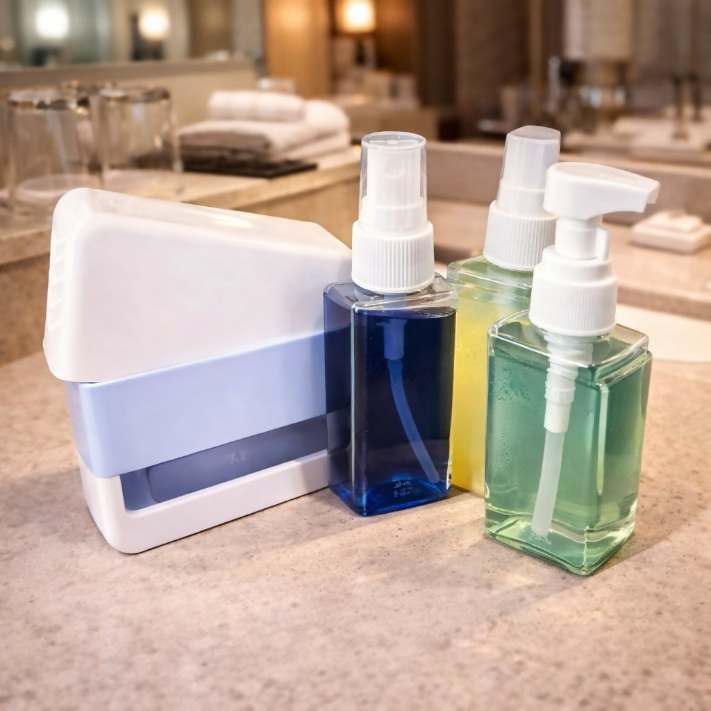 Blue Portable Travel Bottle Set with Pump and Spray Dispenser Kit