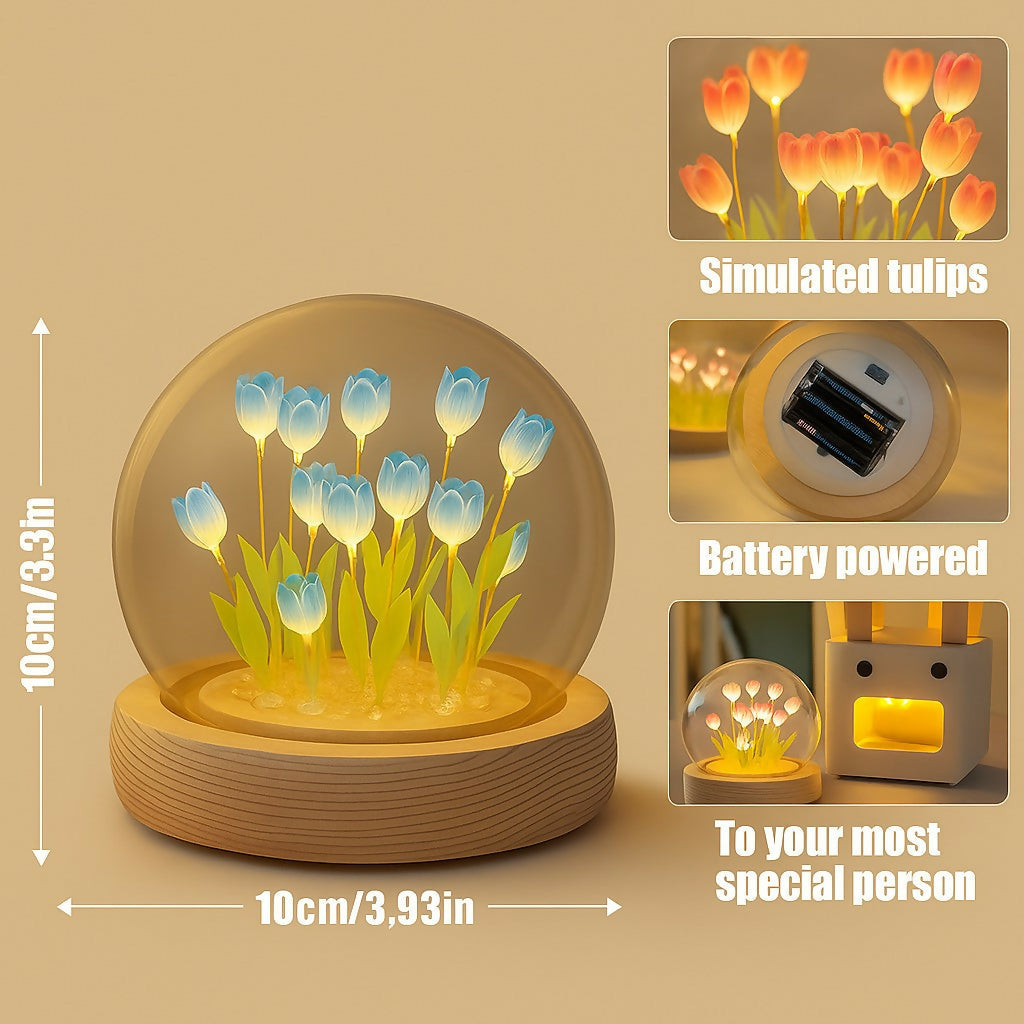 LED Peach Orange Tulip Flower Light Dome with Glass Cover and Wooden Base