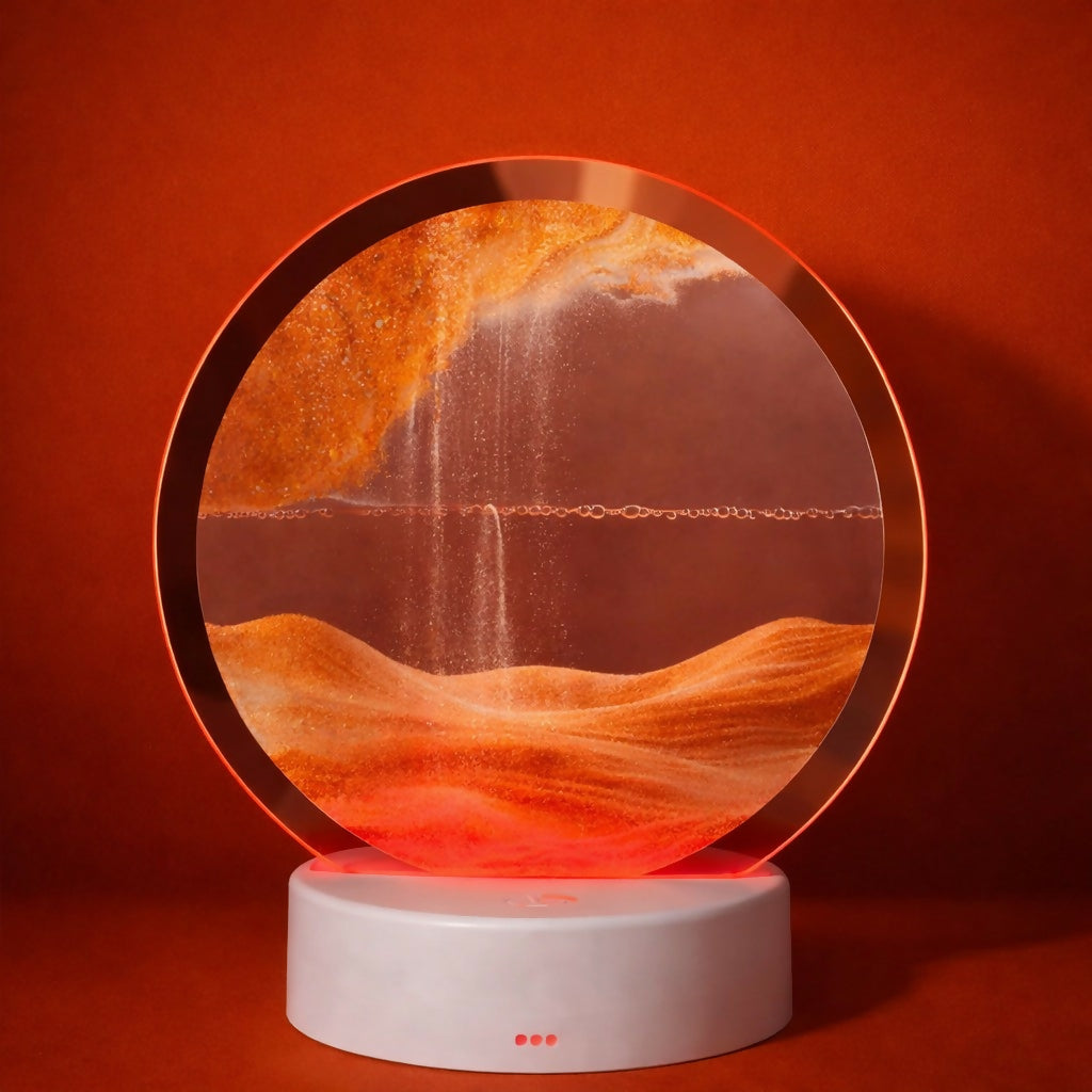Orange Round Moving Sand Art LED Lamp with Flowing Landscape Design