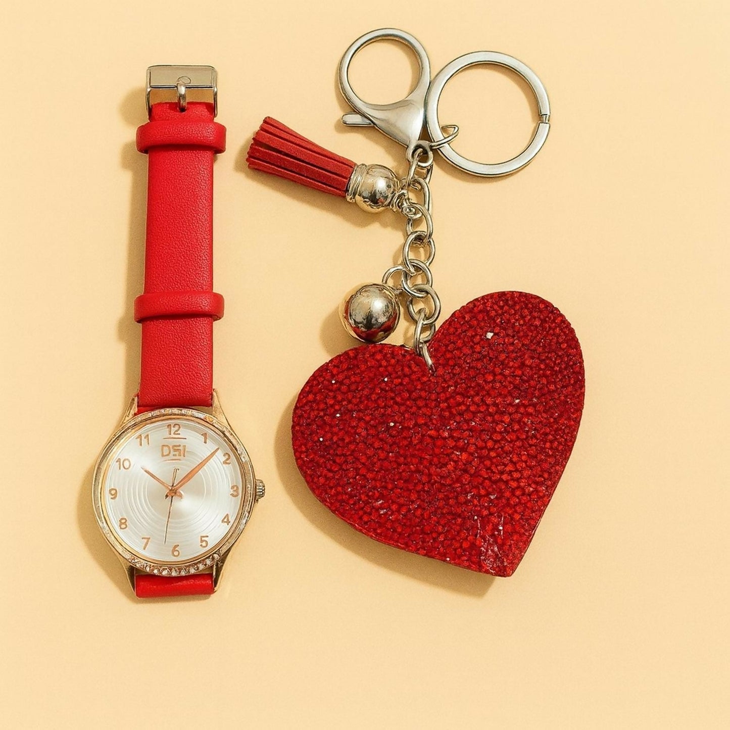 Stylish Leather Strap Analog Watch with Sparkling Heart Keychain