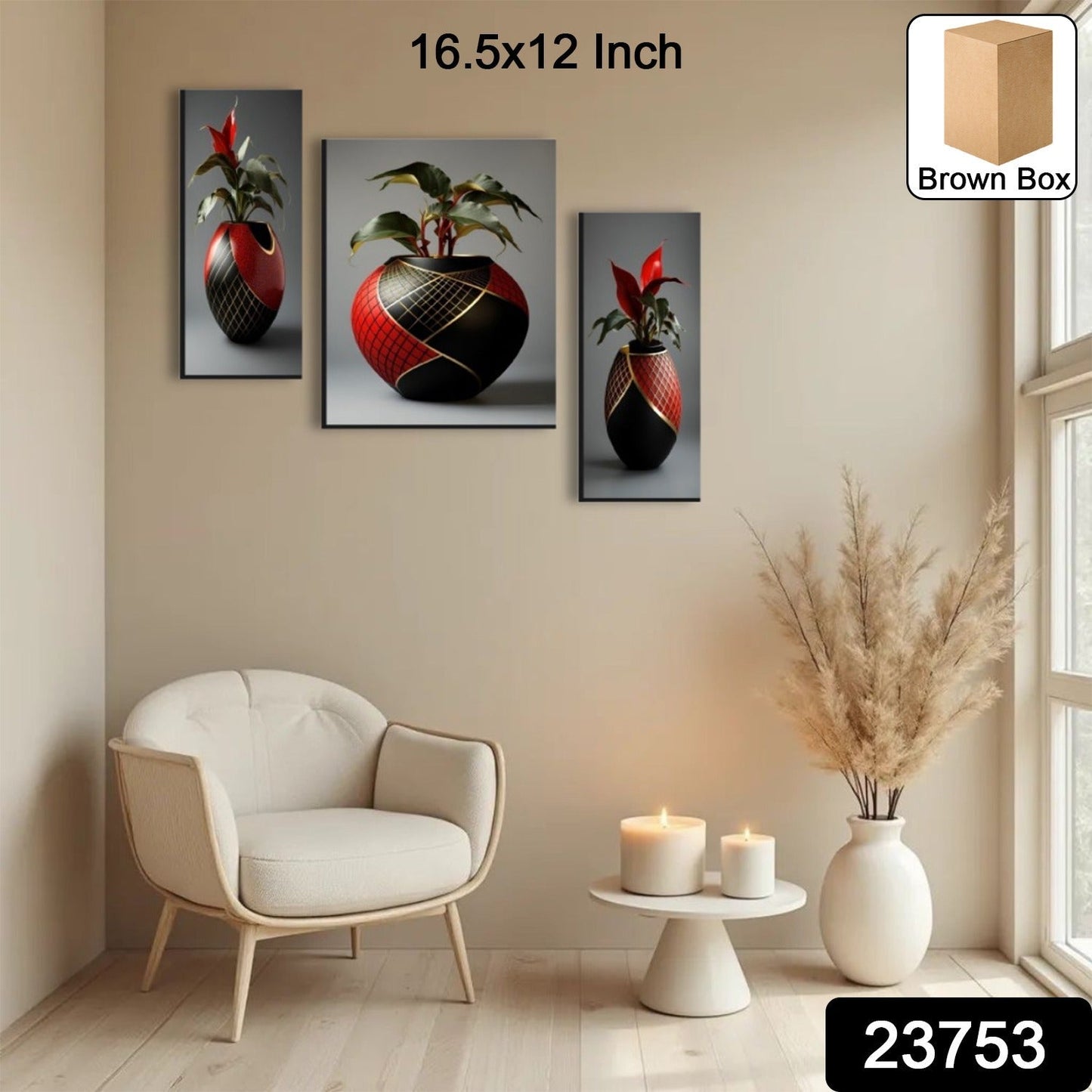 Flower Vase 3 Panel MDF Wall Frame Home Decor Floral Art 16.5x12in (1 Pc)