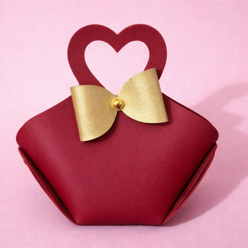 Maroon Mini Handbag with Heart Handle and Bow Compact Cute Purse