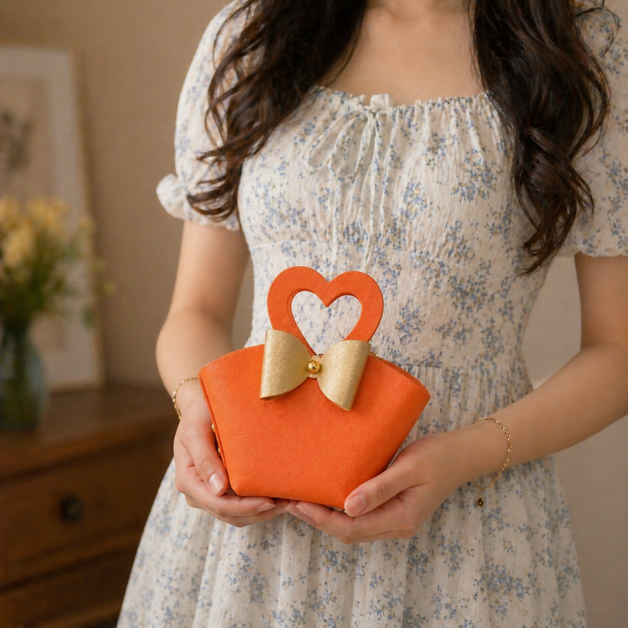 Orange Mini Cute Handbag with Heart Handle and Bow Detail