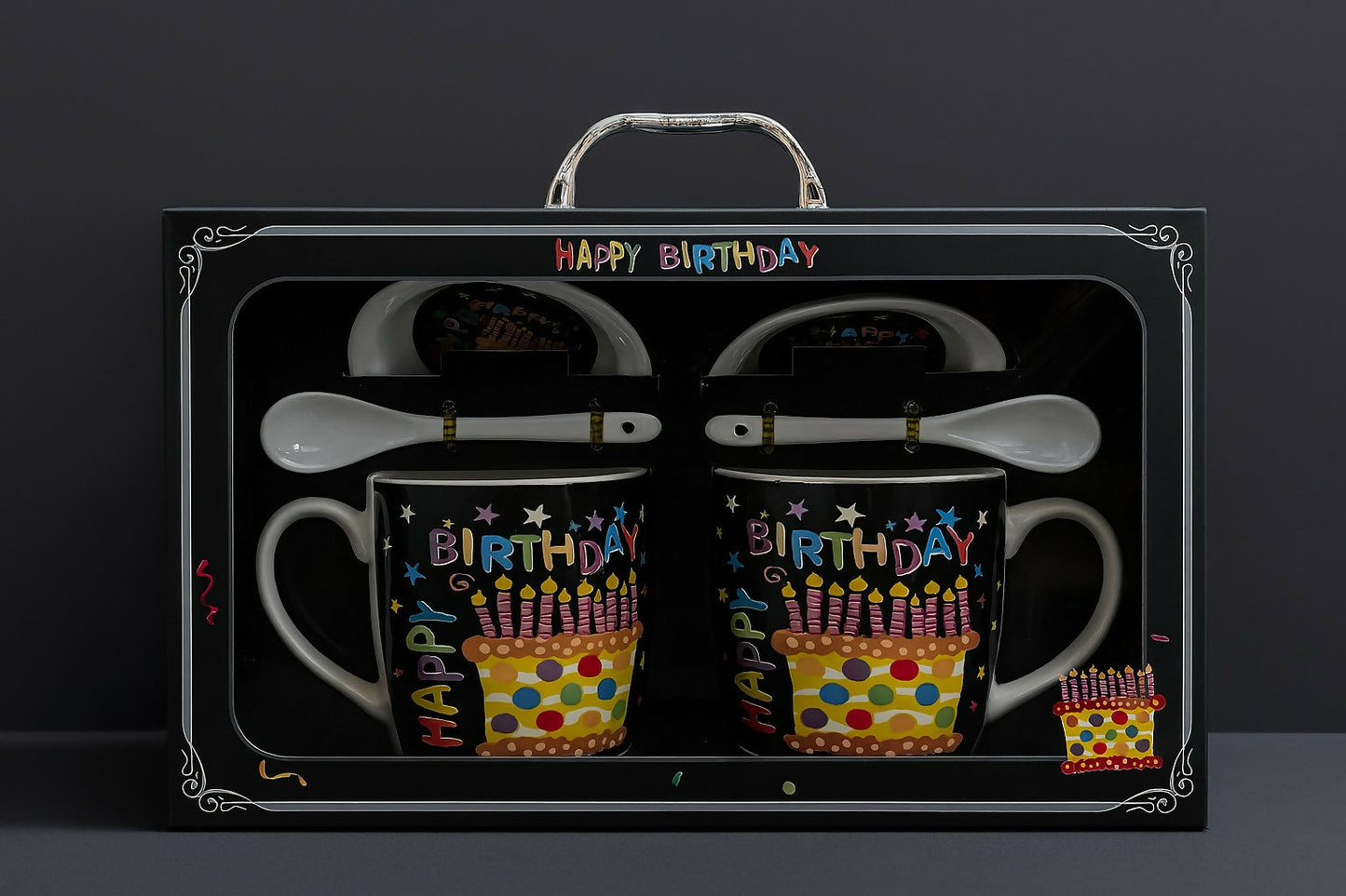 Happy Birthday Ceramic Mug Gift Set – Set of 2 Printed Coffee Mugs with Spoons