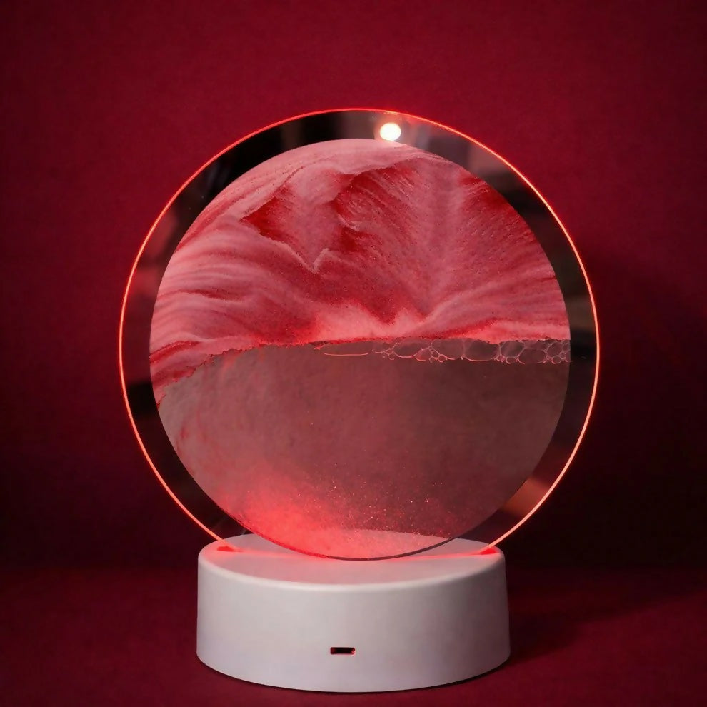 Red Sand Round LED Acrylic Table Lamp with Abstract Art Design