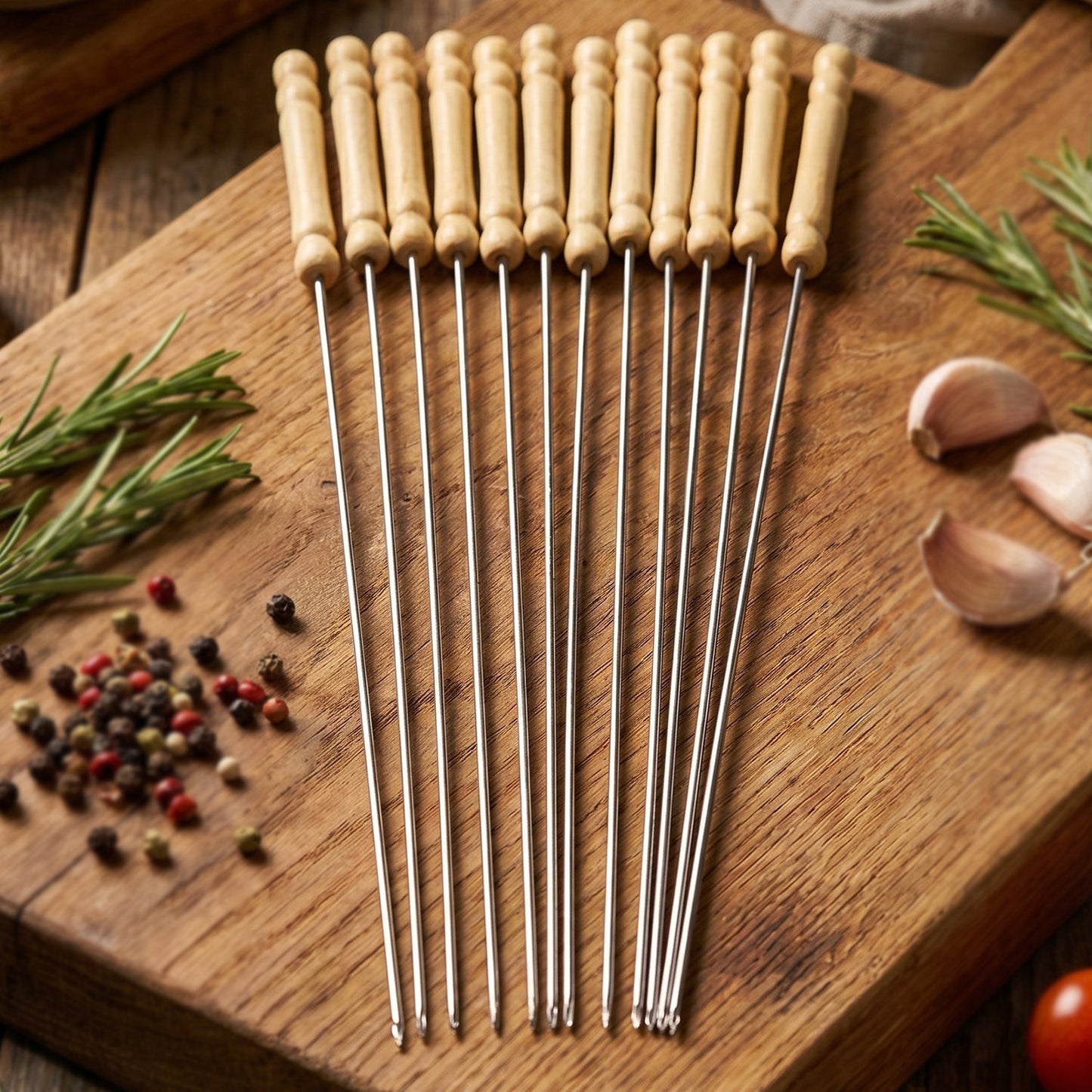 Stainless Steel BBQ Skewers with Wooden Handle (12 Pc)