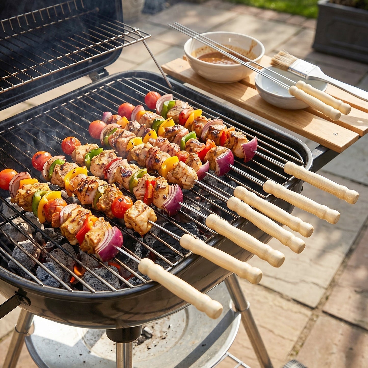 Stainless Steel BBQ Skewers with Wooden Handle (12 Pc)