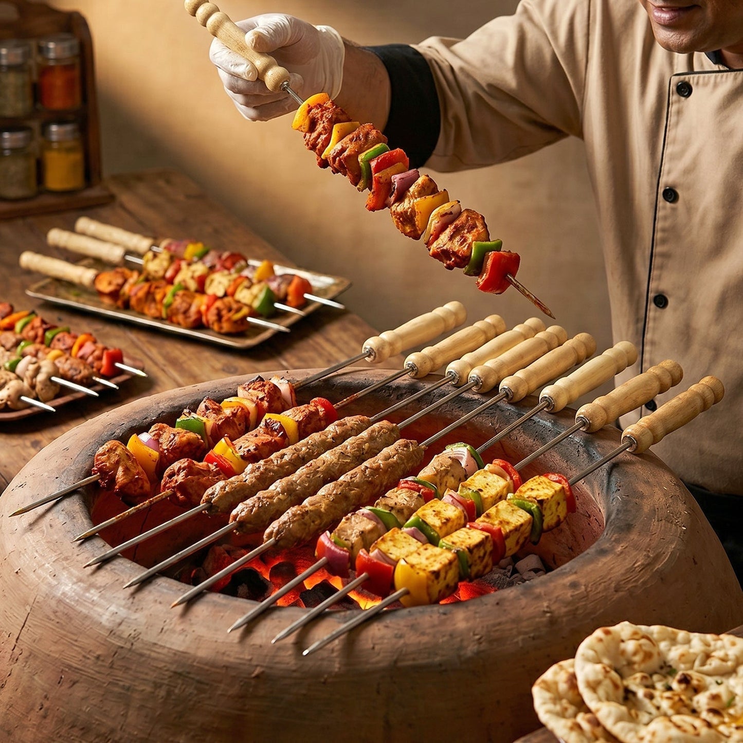 Stainless Steel BBQ Skewers with Wooden Handle (12 Pc)