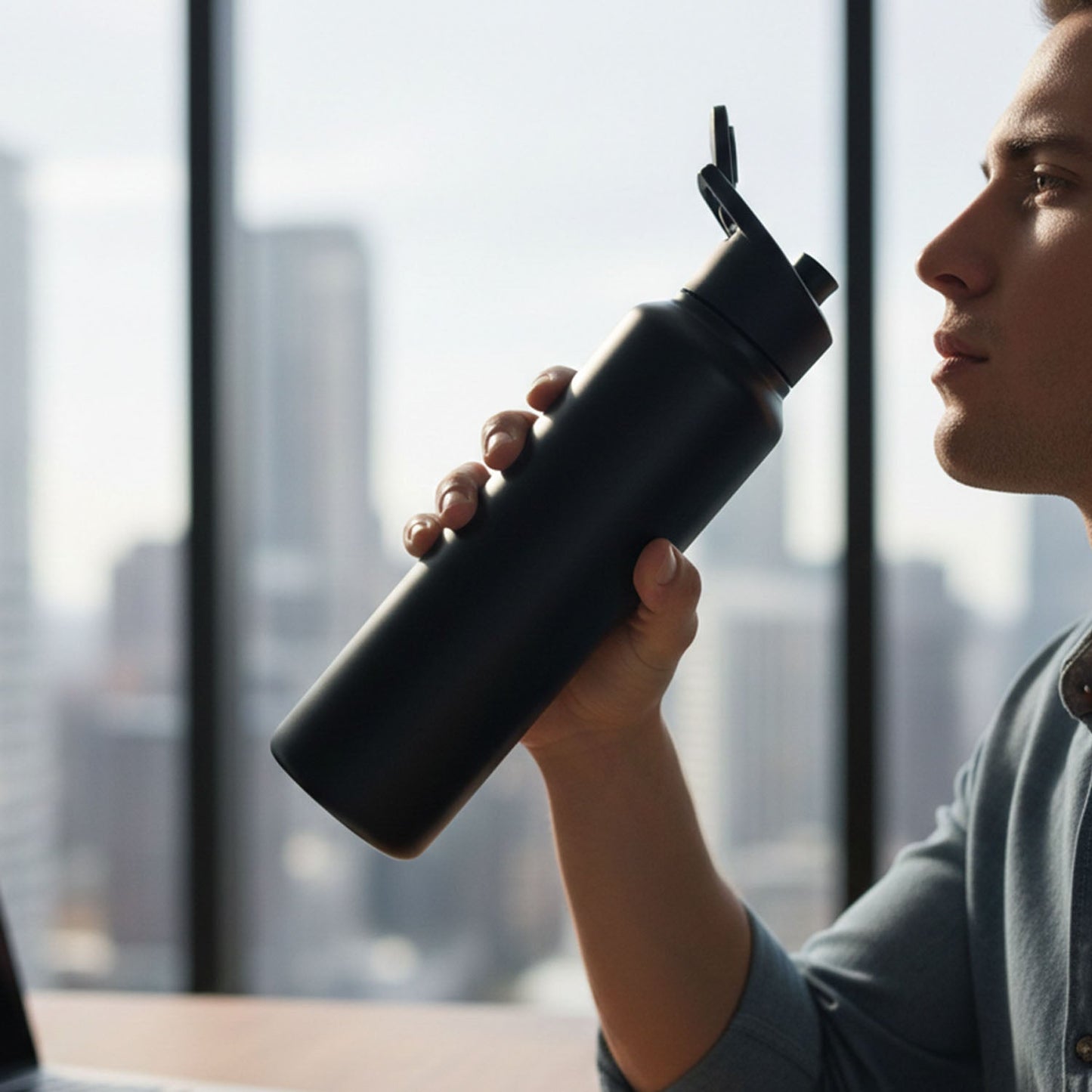 Stainless Steel 1000ml Flip-Top Reusable Sports Water Bottle – 1 Pc