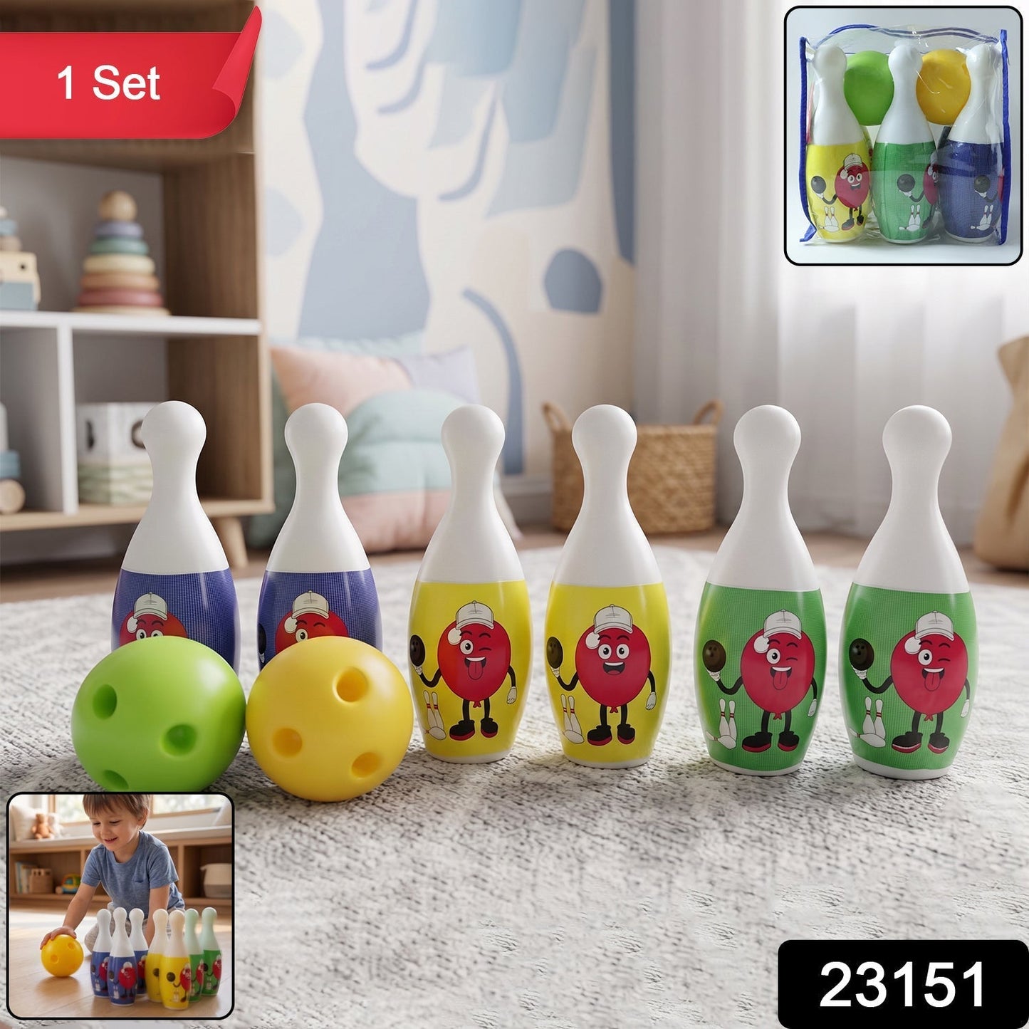 Kids Bowling Set with 6 Colorful Pins and 2 Balls (1 Set)