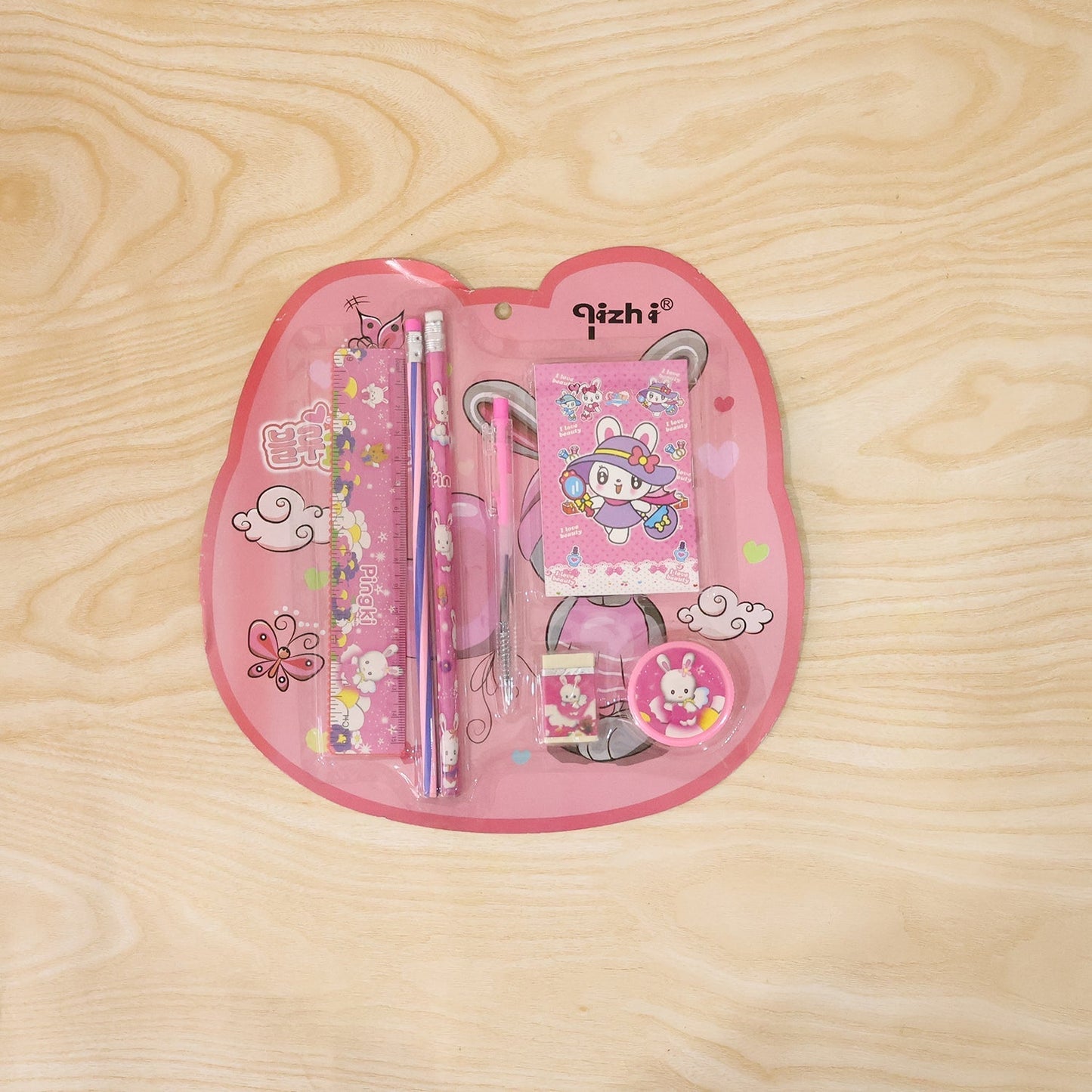 7-In-1 Cute Pink Stationery Set with Ruler, Pencil, Eraser, Pen, Notebook, Sharpener
