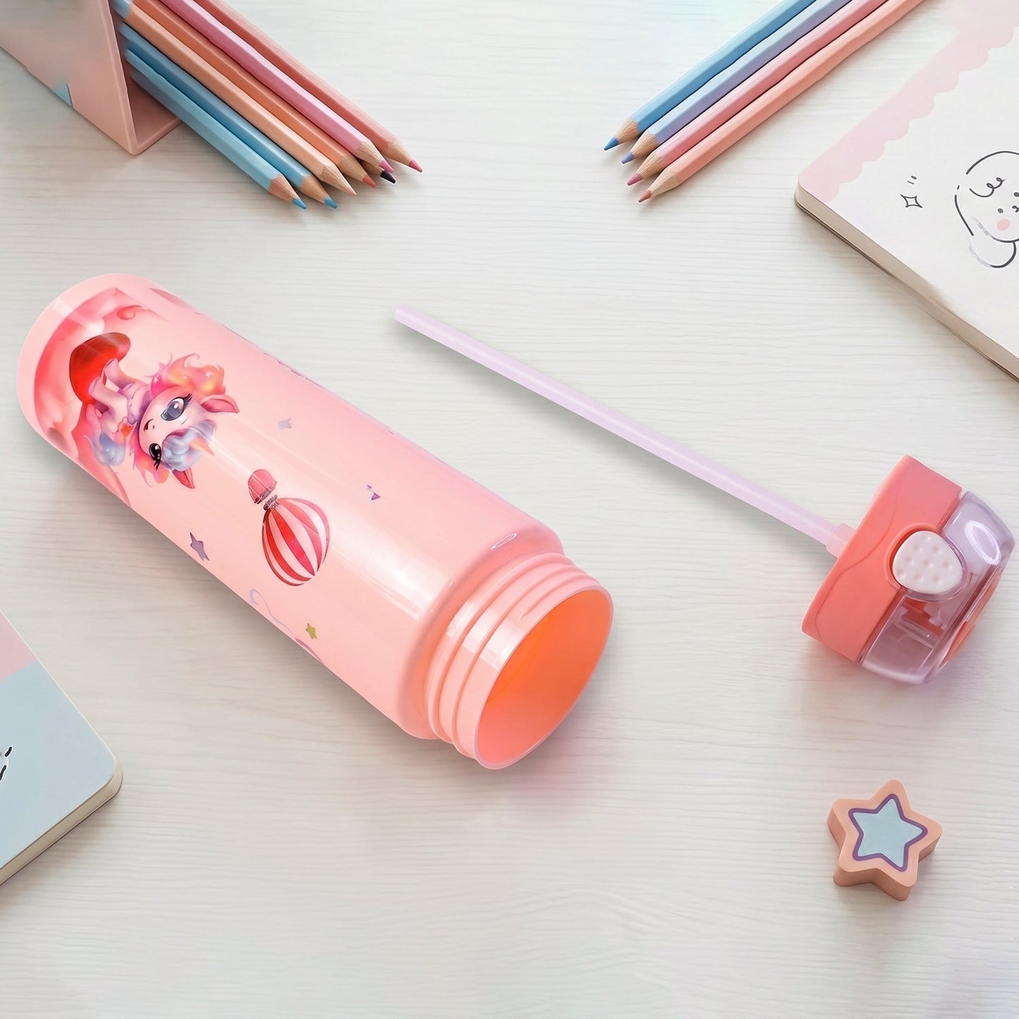 Cute Princess Printed Kids Water Bottle with Flip Top & Lid Straw