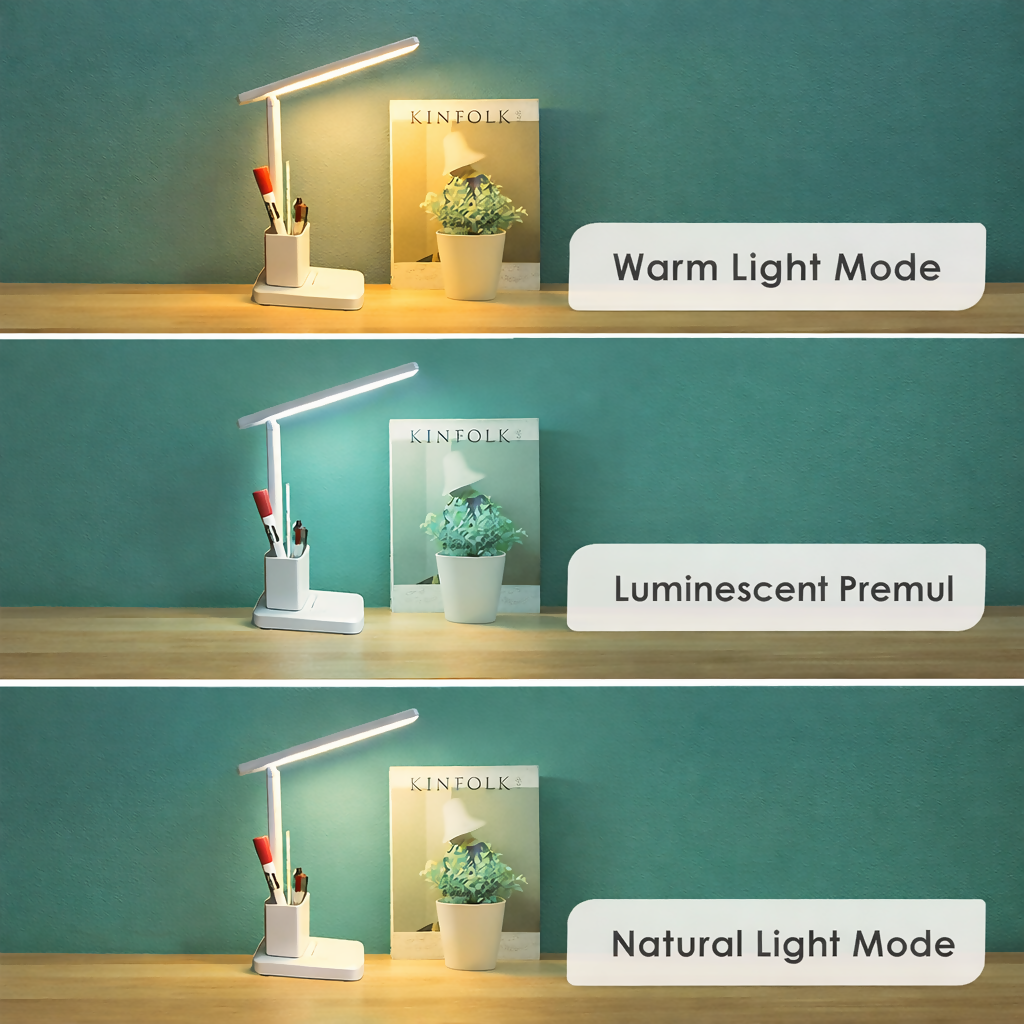 Rechargeable LED Desk Lamp with Pen Stand, Foldable Study Table Light