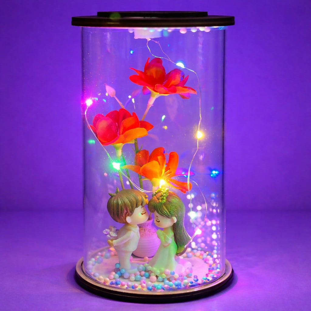 Romantic Couple Flower LED Glass Dome Decorative Night Lamp