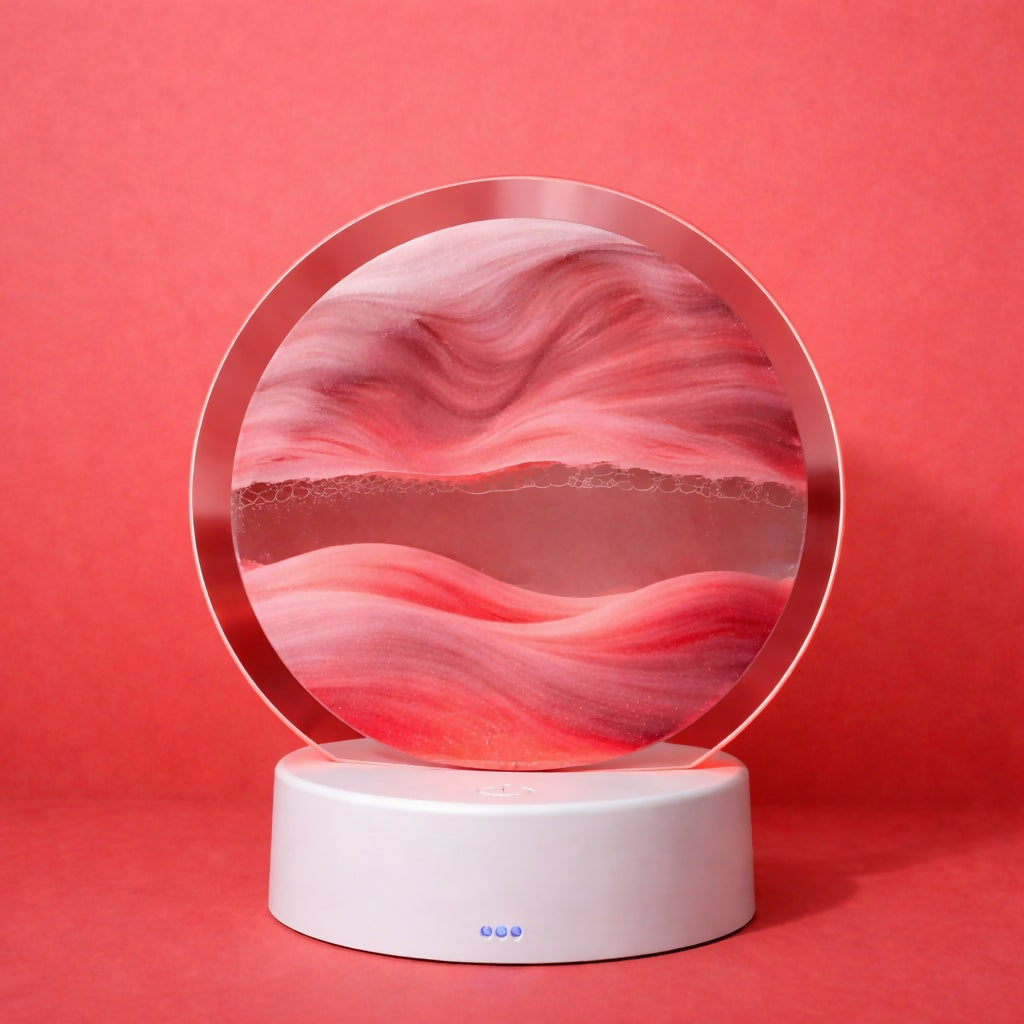 Red Sand Round LED Acrylic Table Lamp with Abstract Art Design
