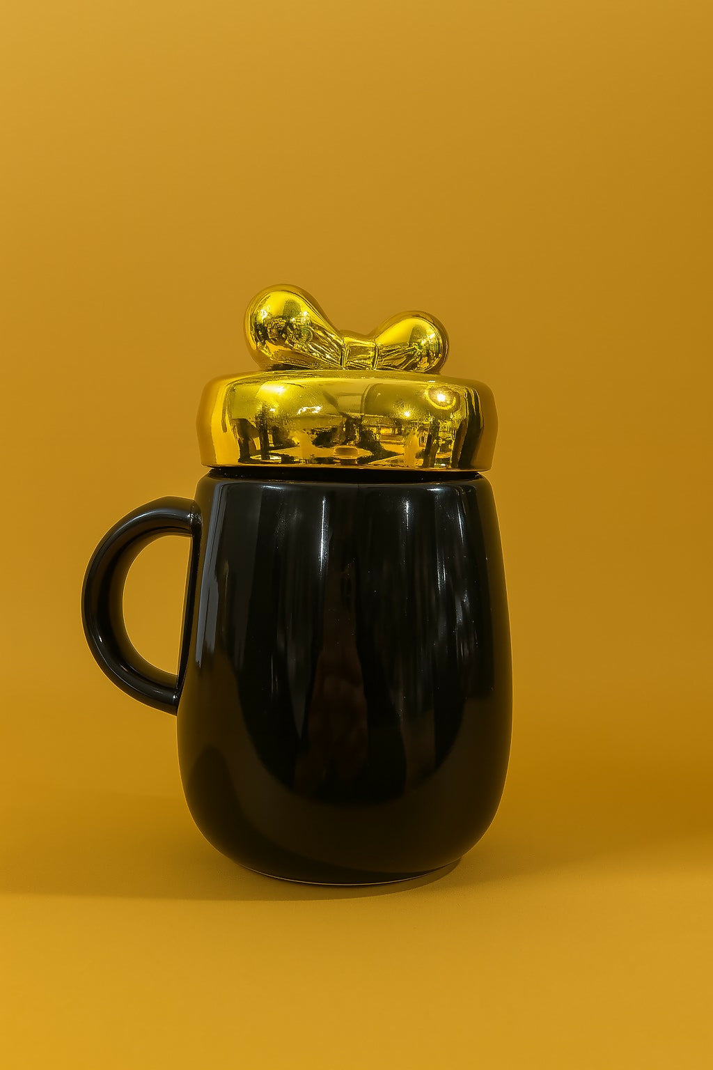 "Be Mine Mr. Black Ceramic Coffee Mug with Golden Lid and Bow Tie