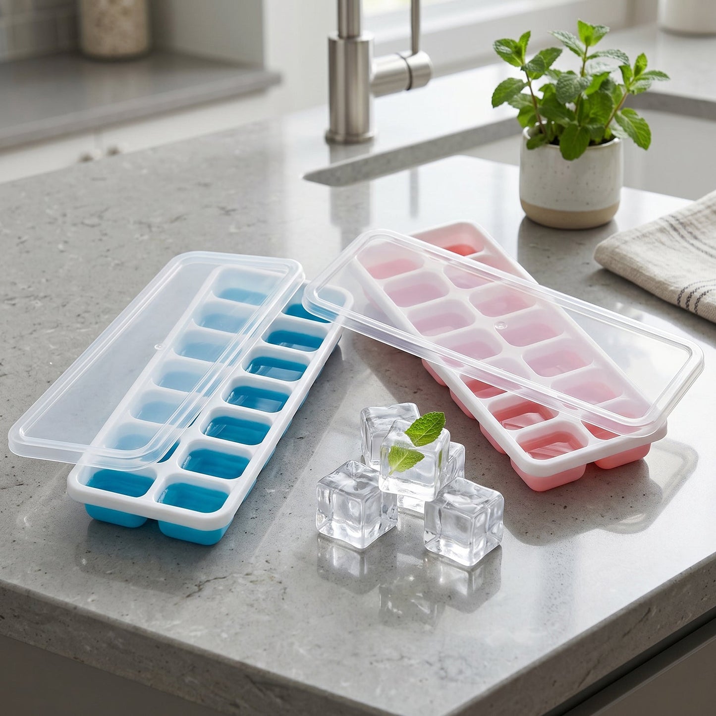 Multipurpose Plastic Ice Cube Tray With Lid (Pack of 2, 14 Grid Each)