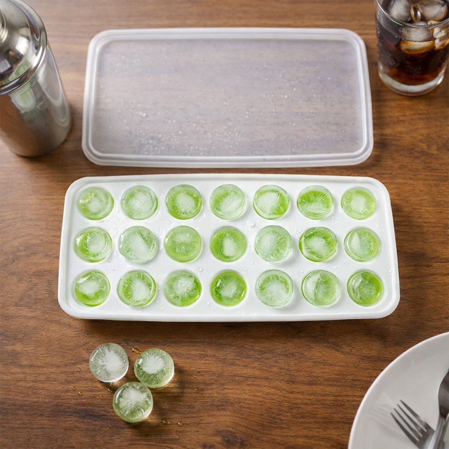 21 Grid Plastic Round Pop Ice Cube Tray with Lid (1 Pc)