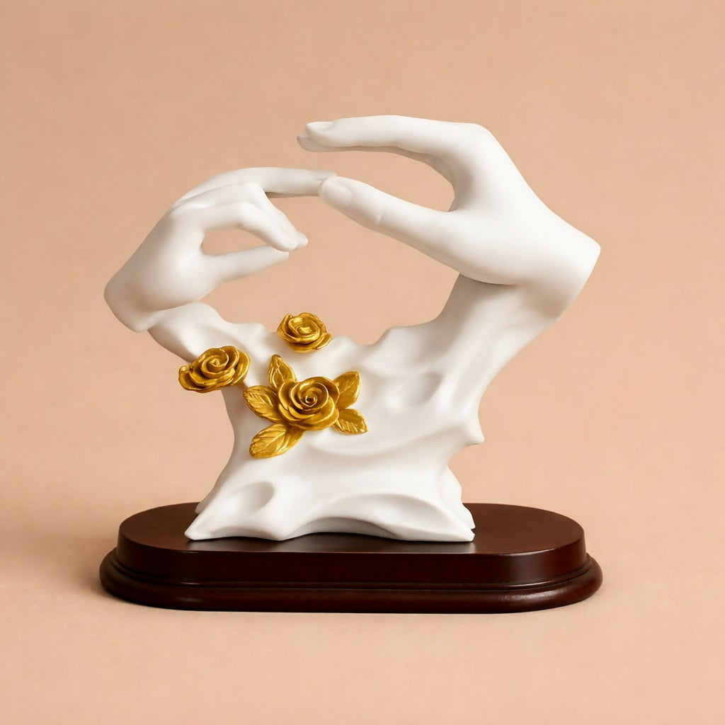 White and Gold Abstract Hand Sculpture Showpiece with Floral Design for Home Decor