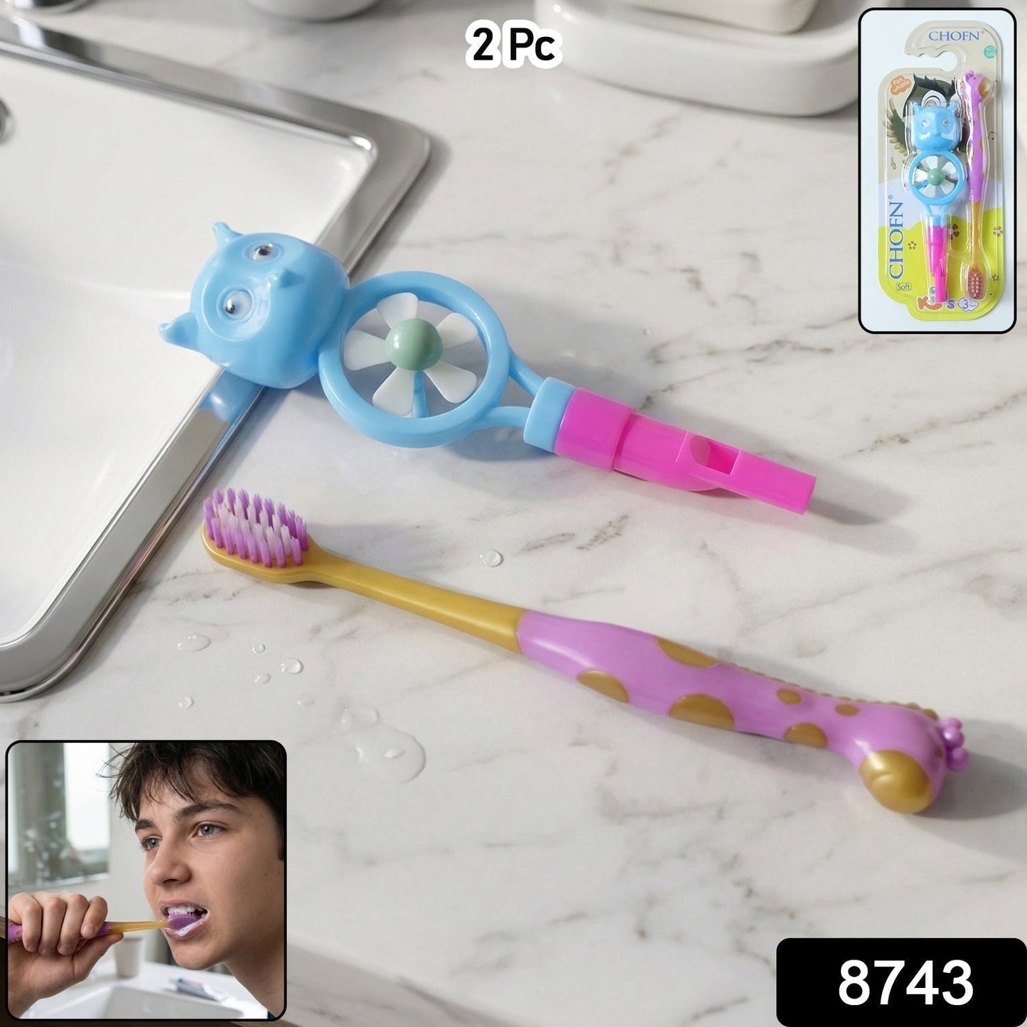 Kids Toothbrush with Cartoon Whistle Fan (2 Pc Set)