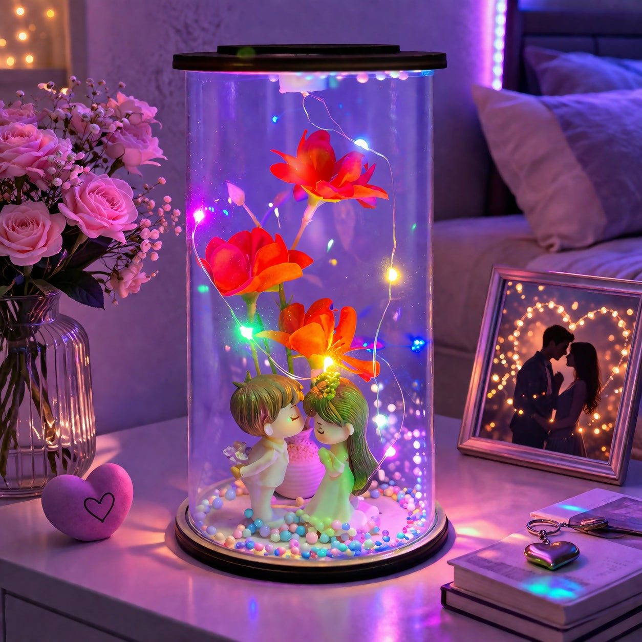 Romantic Couple Flower LED Glass Dome Decorative Night Lamp