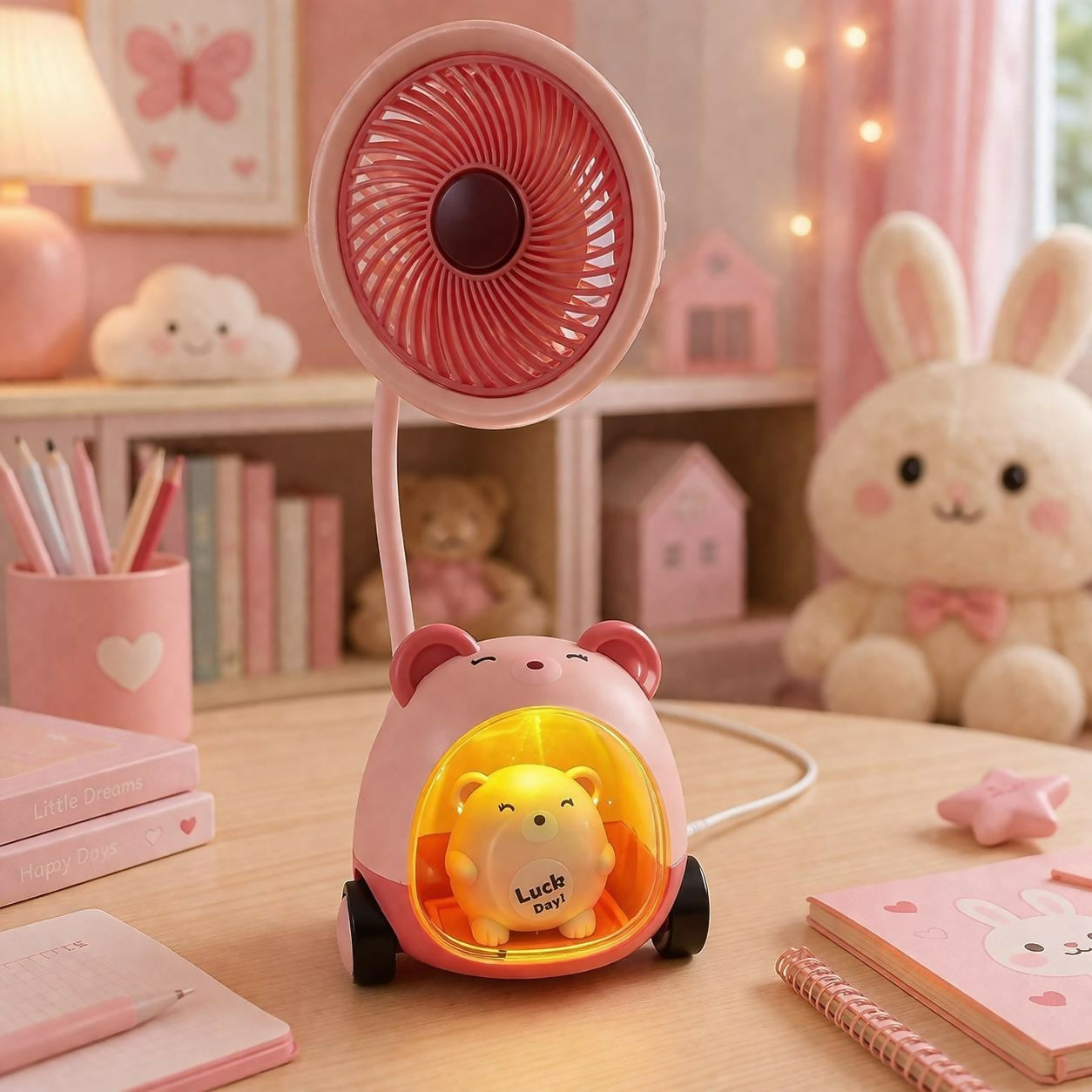 Pink Cute Kids Desk Fan with Pen Stand Sharpener & Night Lamp