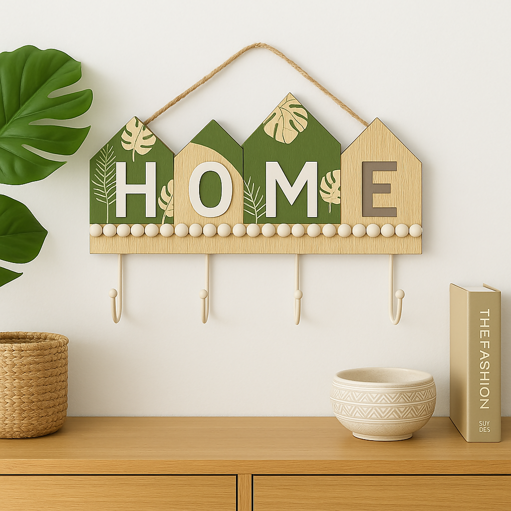 Wooden HOME Key Holder with 4 Hooks – Rustic Entryway Decor
