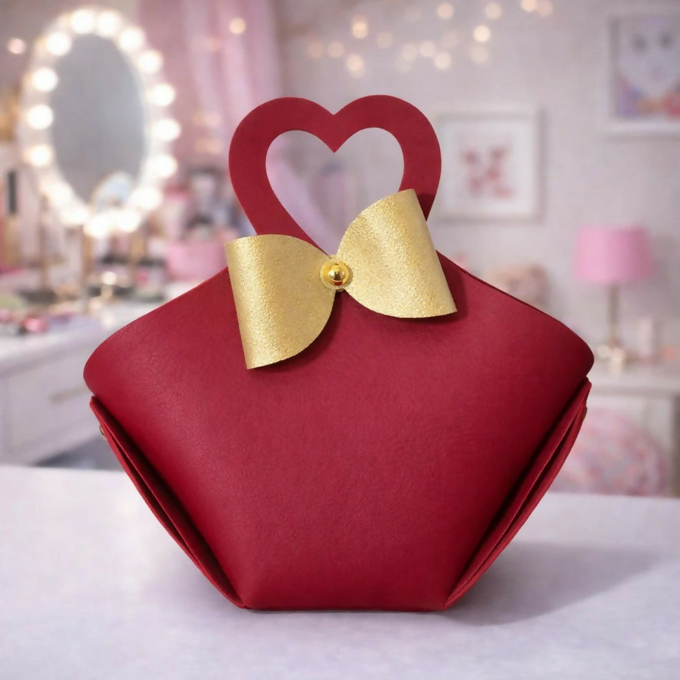 Maroon Mini Handbag with Heart Handle and Bow Compact Cute Purse
