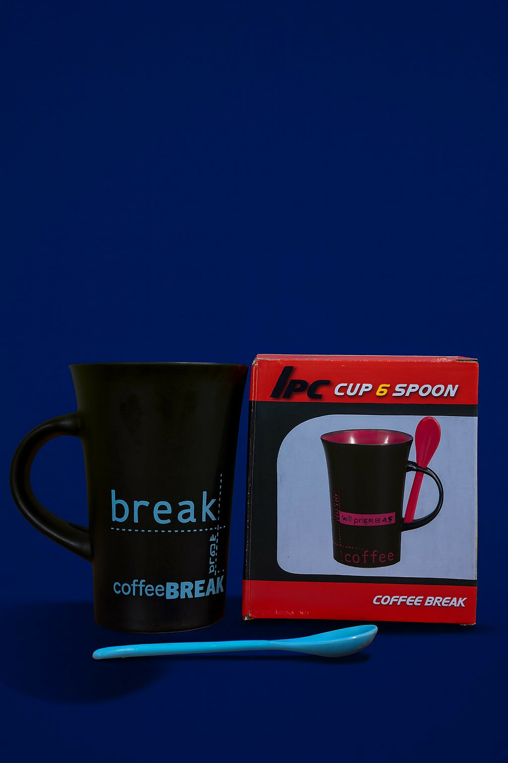 Black Ceramic Coffee Mug with Blue Spoon – Stylish Office Mug