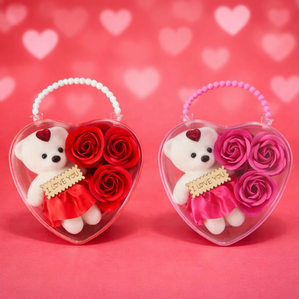 Heart Shape Gift Box with Teddy and Roses Romantic Gift Set