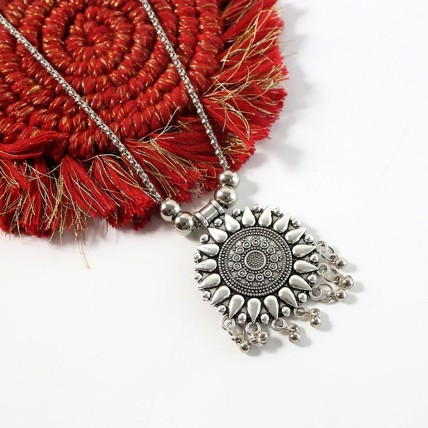 Oxidized Silver Finish Round Sunburst Pendant Necklace (1 Pc)
