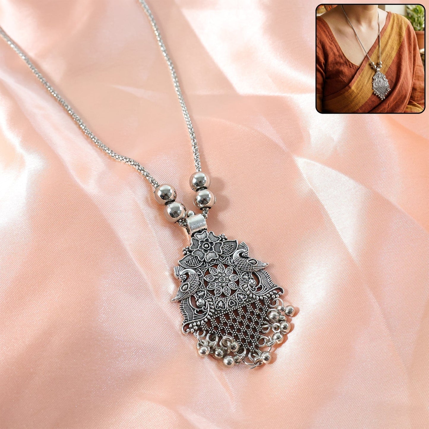 Oxidized Silver Finish Floral Motif Statement Pendant Necklace (1 Pc)