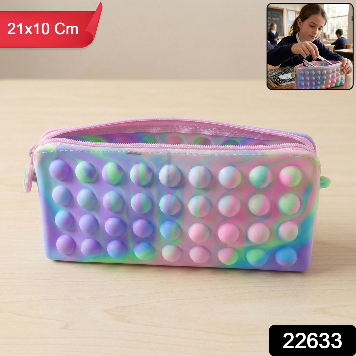 Multicolor Pop It Silicone Pencil Pouch for Kids, 21x10 cm
