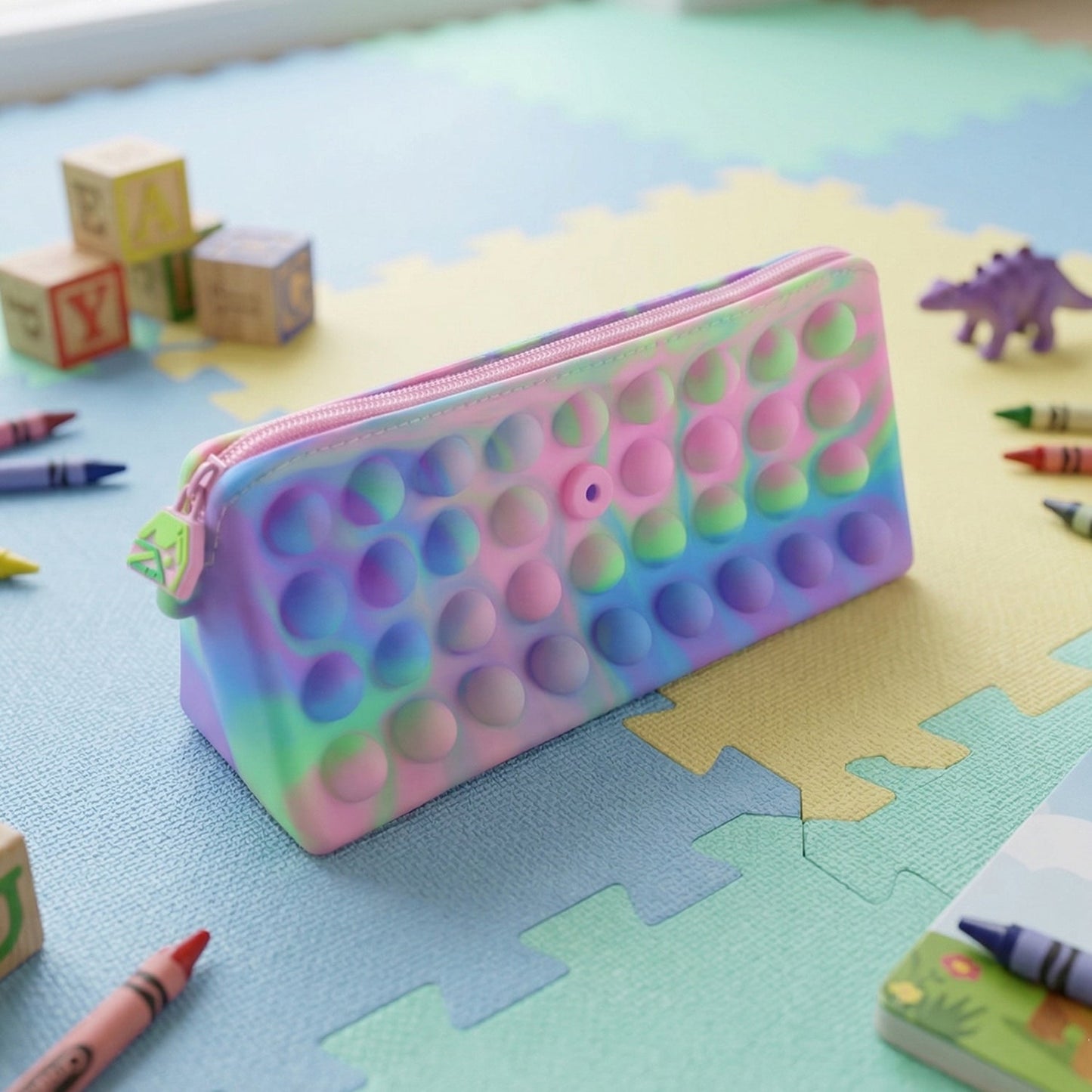 Multicolor Pop It Silicone Pencil Pouch for Kids, 21x10 cm