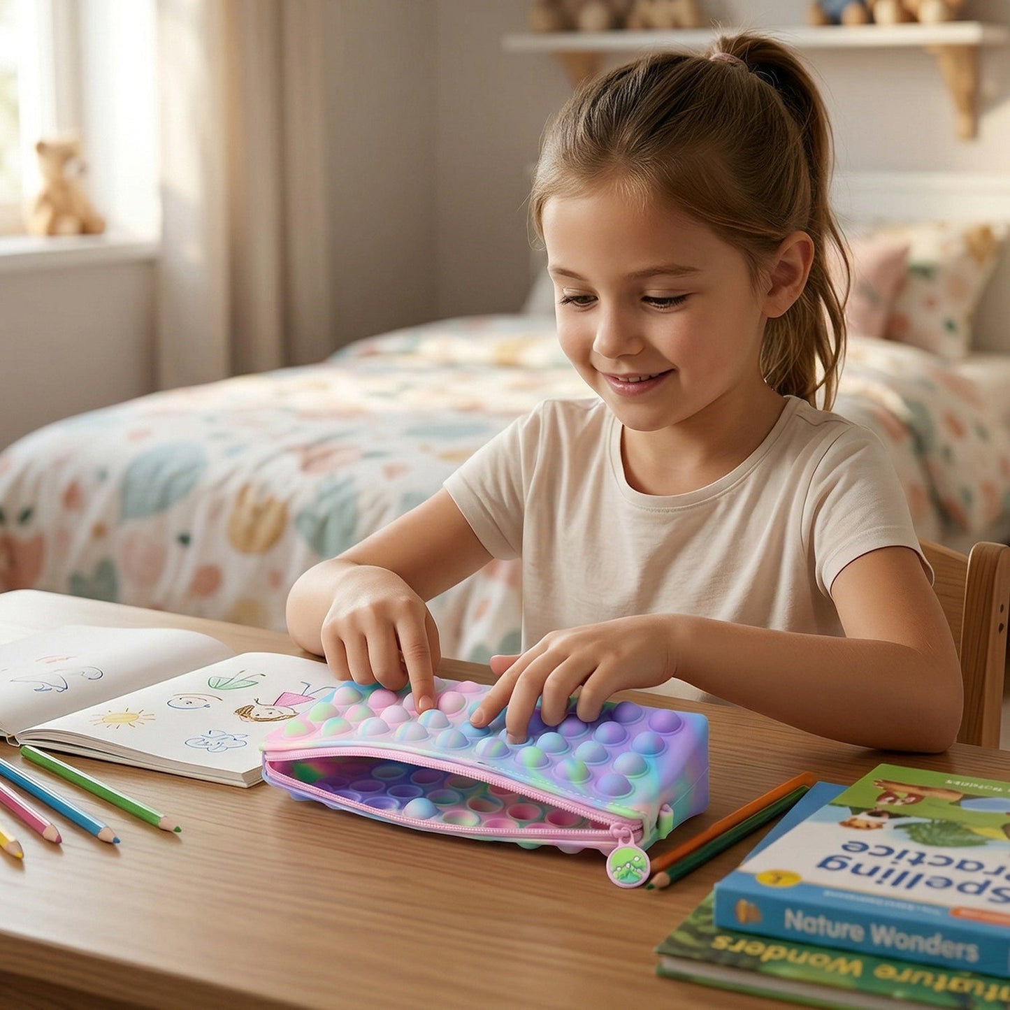 Multicolor Pop It Silicone Pencil Pouch for Kids, 21x10 cm