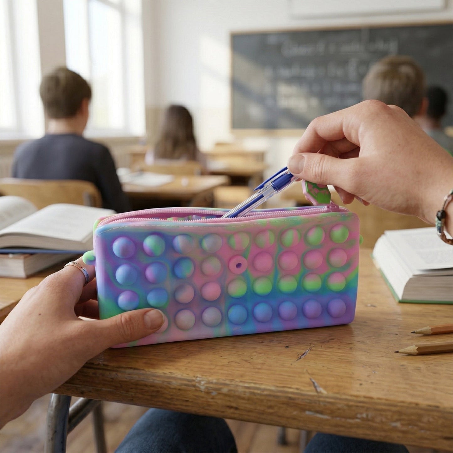 Multicolor Pop It Silicone Pencil Pouch for Kids, 21x10 cm