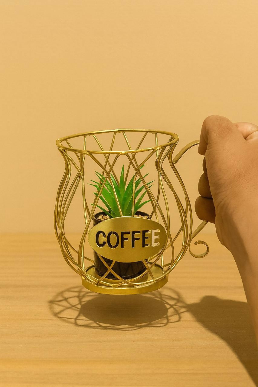Coffee Cup Metal Planter Holder Decorative Tabletop Plant Pot Stand