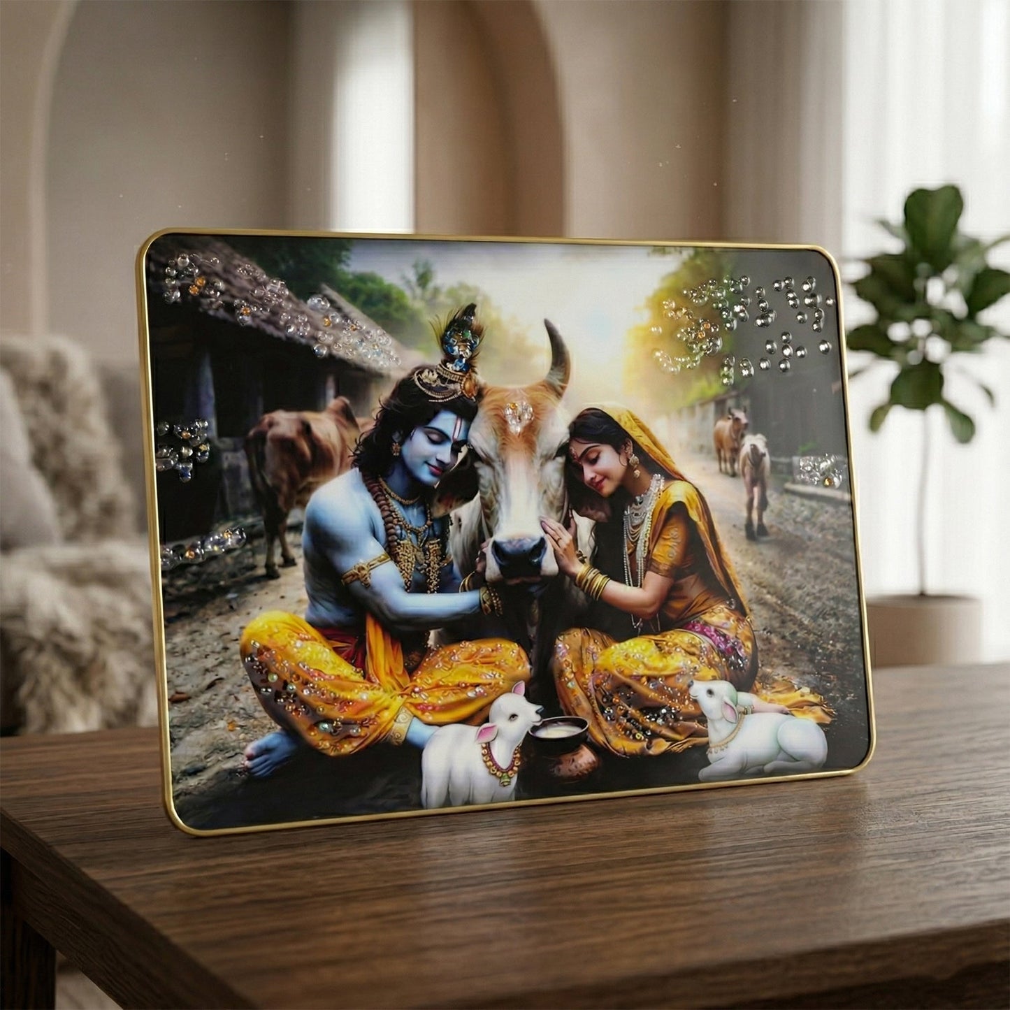 Peaceful Radha Krishna Village Scene Wall Art Frame (1 Pc, 45x30 Cm)